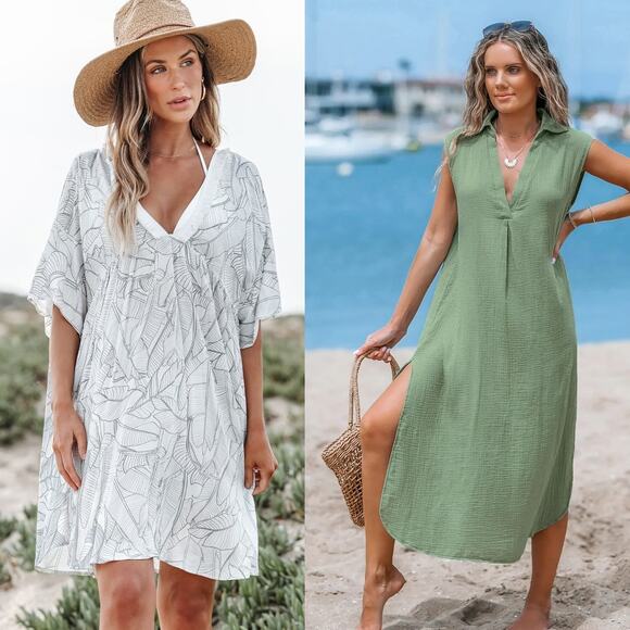 Cupshe Other - NWT Cupshe Beach Cover Up Dress - Plunging-V Palm & Green Linen Midi Bundle Sz M